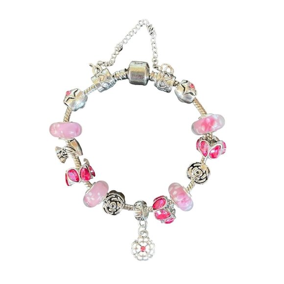 Murano Glass Pink Crystal Charm Bracelet 7.5" with Crystals From Swarovski - Picture 4 of 8